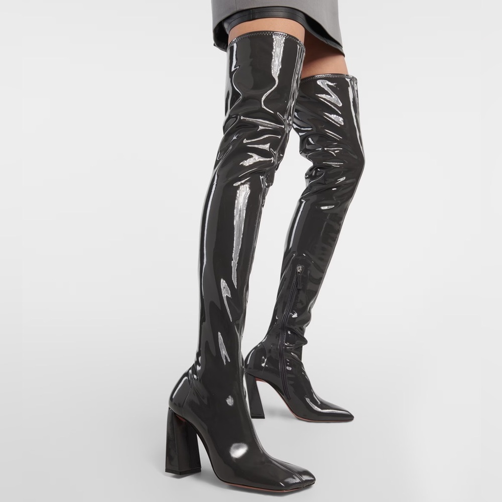 Amina Muaddi Square-Toe Thigh-High Boots in Dark Gray NEW ✨